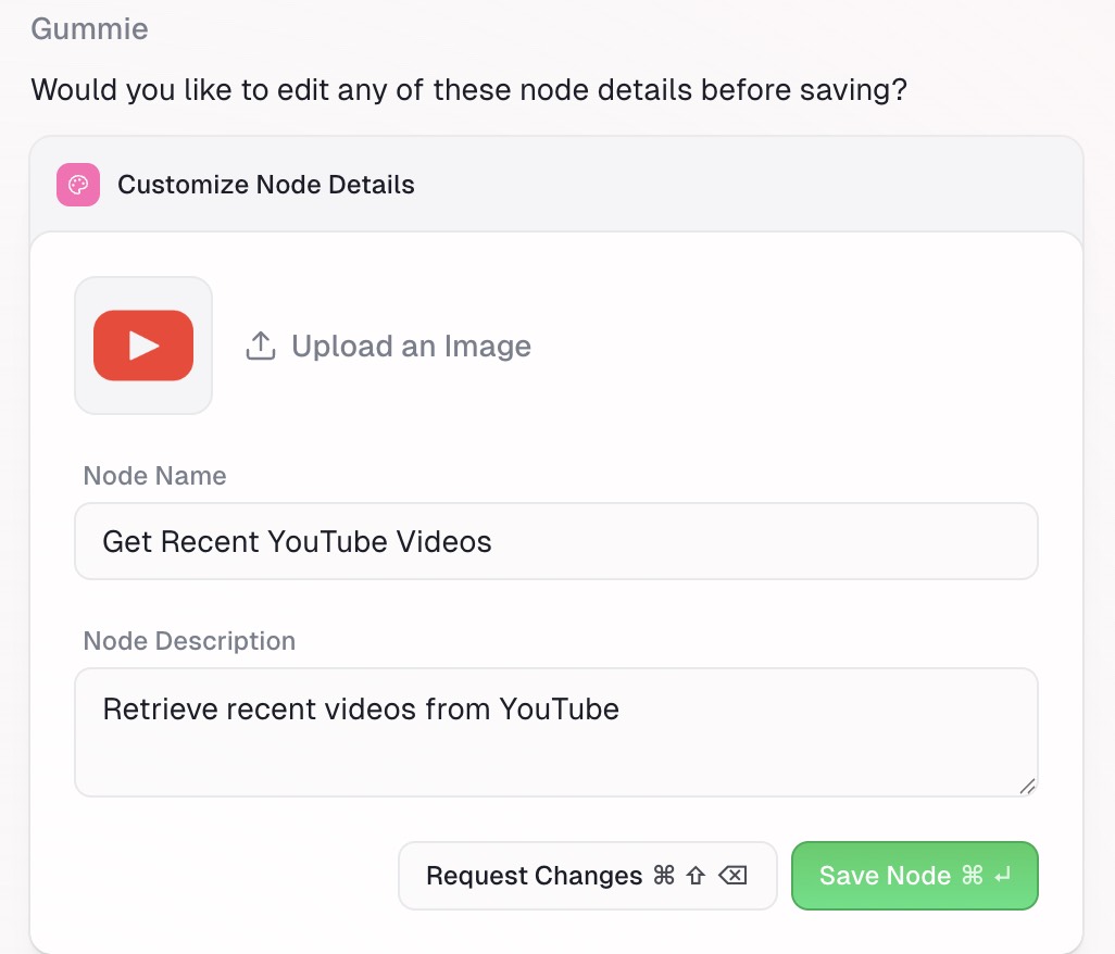 YouTube node with test values and outputs